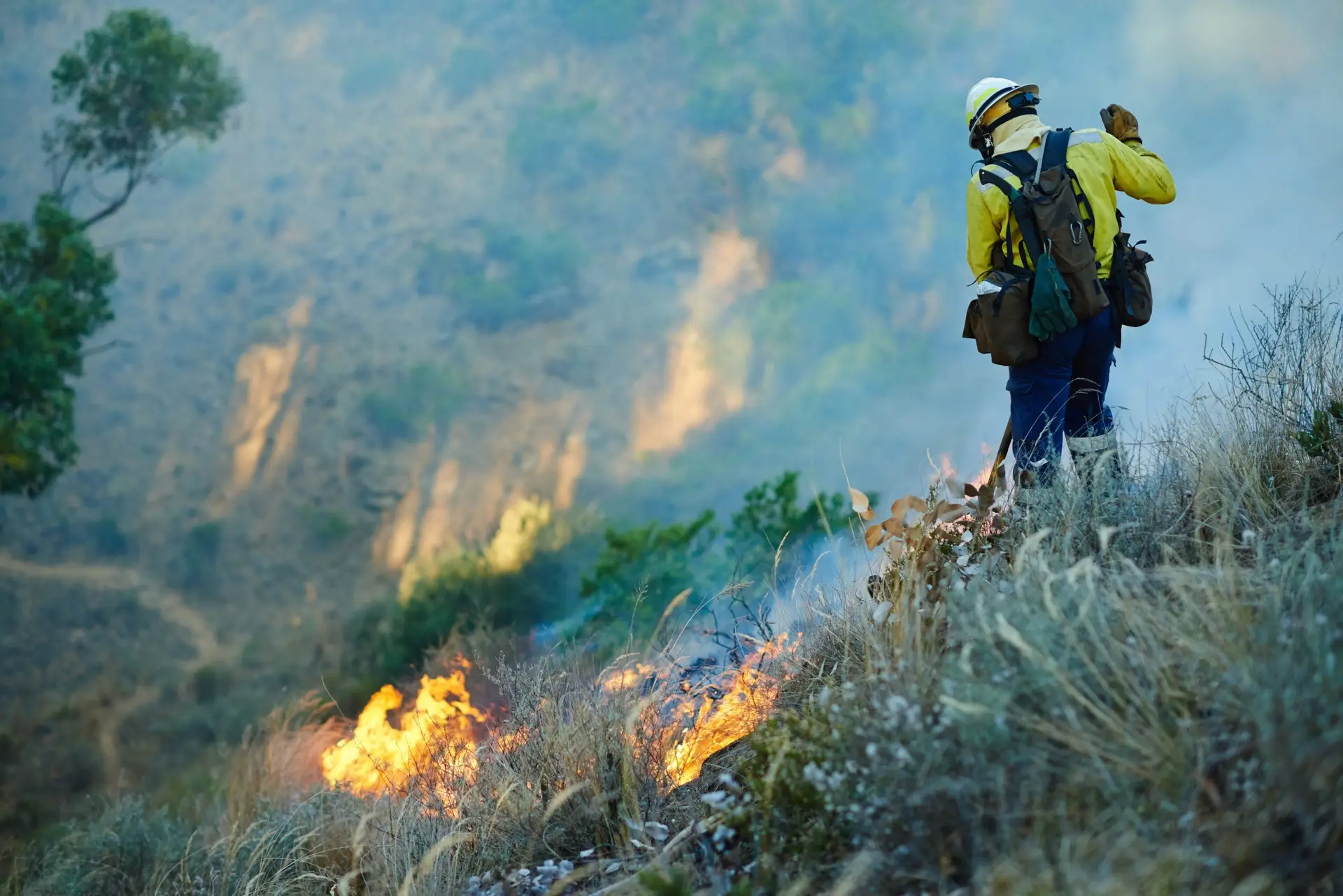 Wildfire response personnel monitoring active wildfire for Immanuel Rising's community resilience and workforce training programs